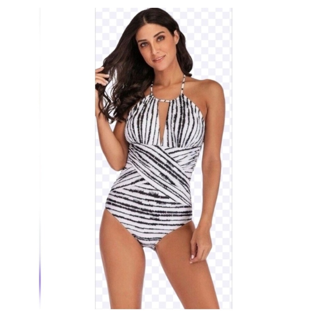 Beachsissi XL One Piece Swimsuit Black White Stripe Halter Keyhole Wrap NWT